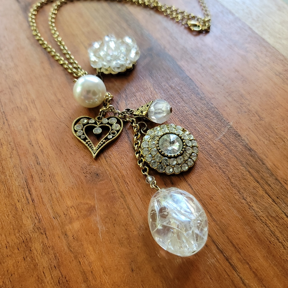 Charm style drop necklace bronze gold costume pearls and gems adjustable